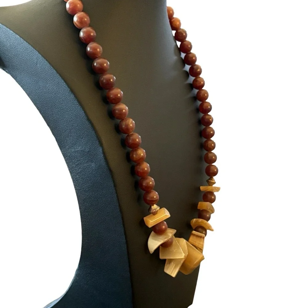 Chunky Lucite Necklace Faux Tiger Amber &‎ Bone Statement Tribal Signed M.E. VTG